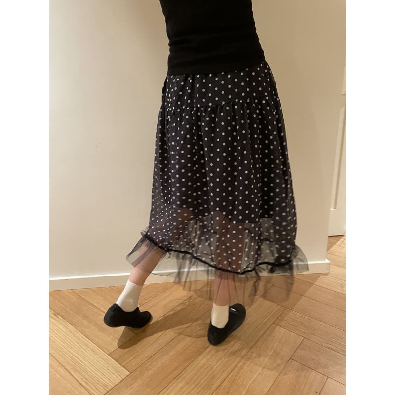 Elastic Waist Polka Dot Ruffle Panel Mesh Midi A-Line Skirt