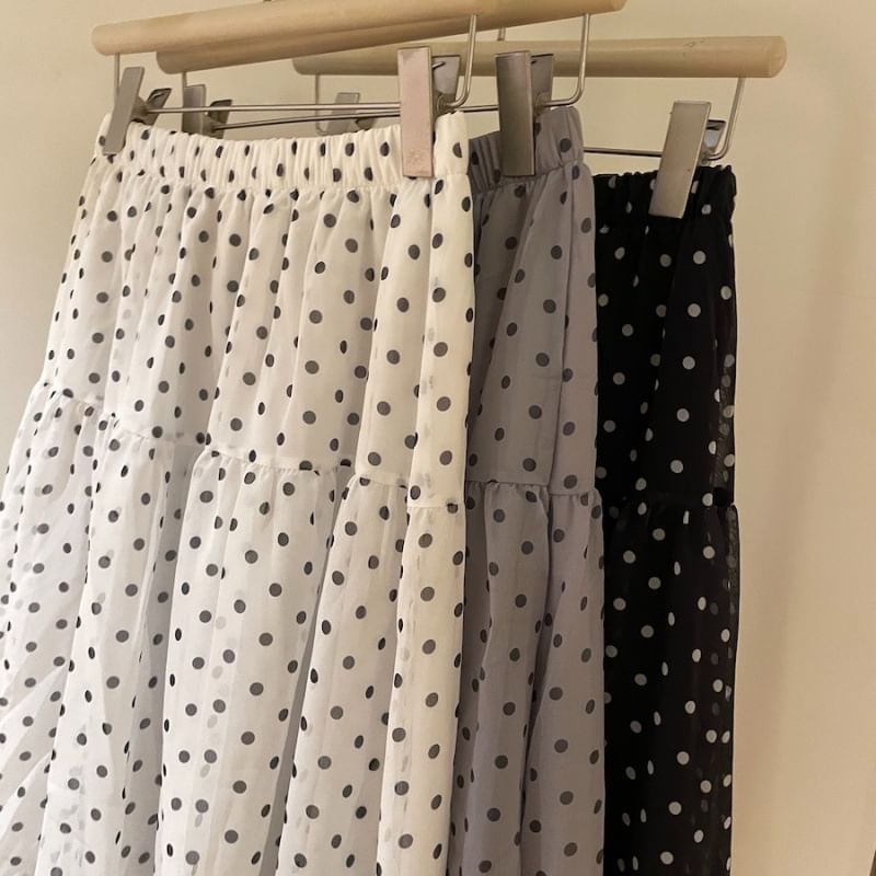 Elastic Waist Polka Dot Ruffle Panel Mesh Midi A-Line Skirt