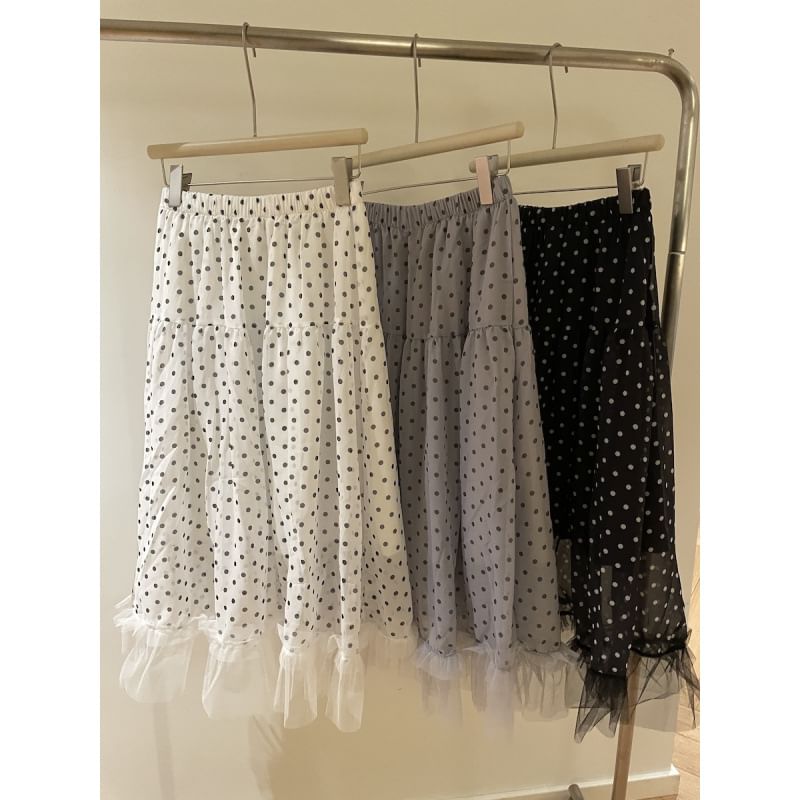 Elastic Waist Polka Dot Ruffle Panel Mesh Midi A-Line Skirt