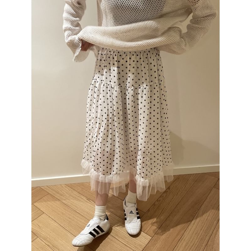 Elastic Waist Polka Dot Ruffle Panel Mesh Midi A-Line Skirt