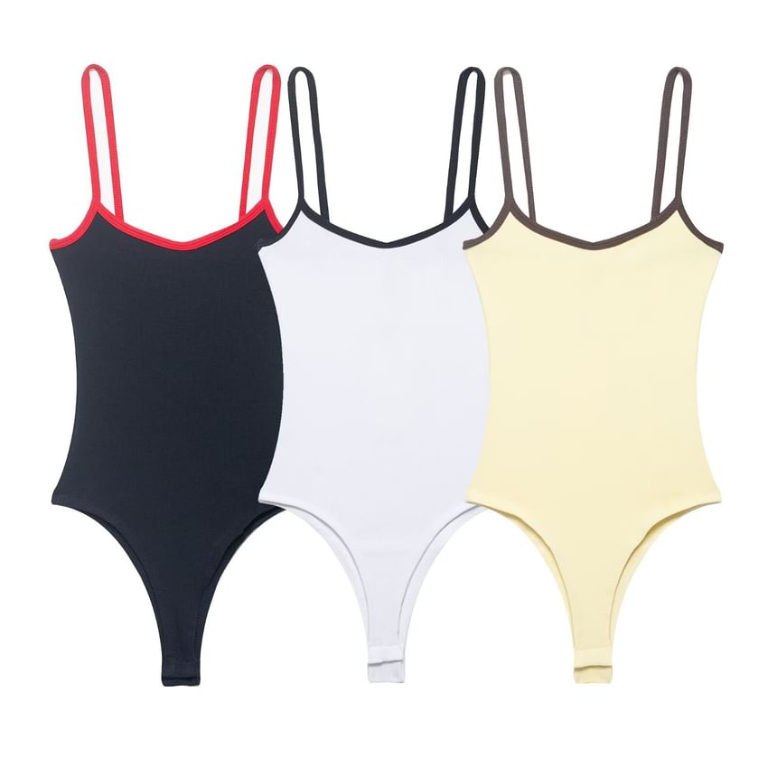 V-Neck Contrast Trim Bodysuit with Spaghetti Straps