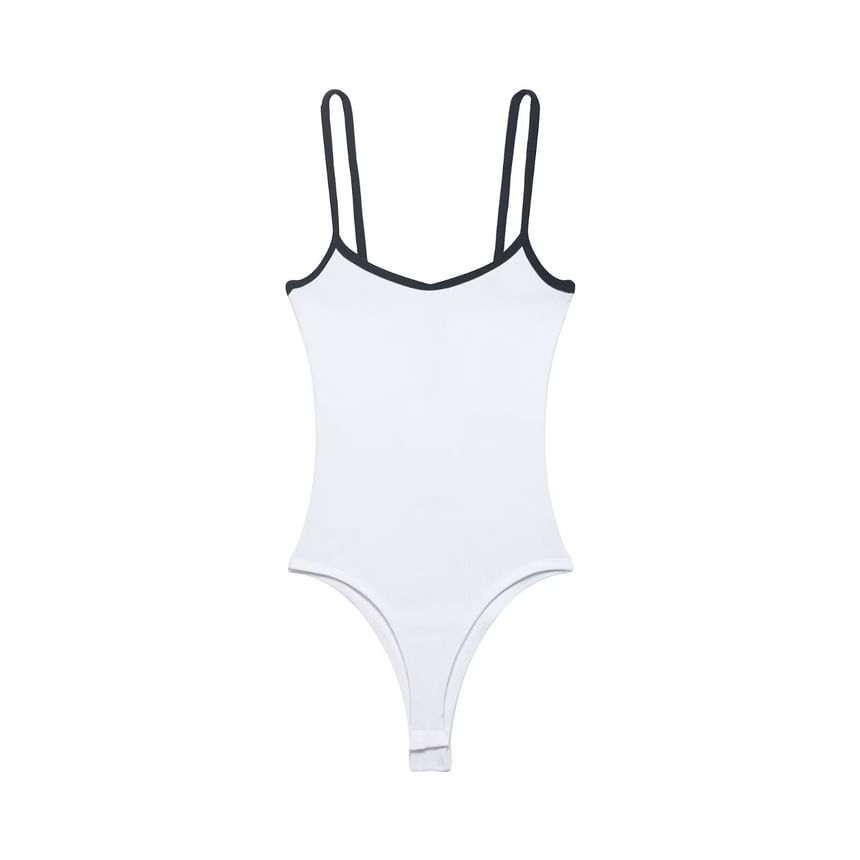 V-Neck Contrast Trim Bodysuit with Spaghetti Straps