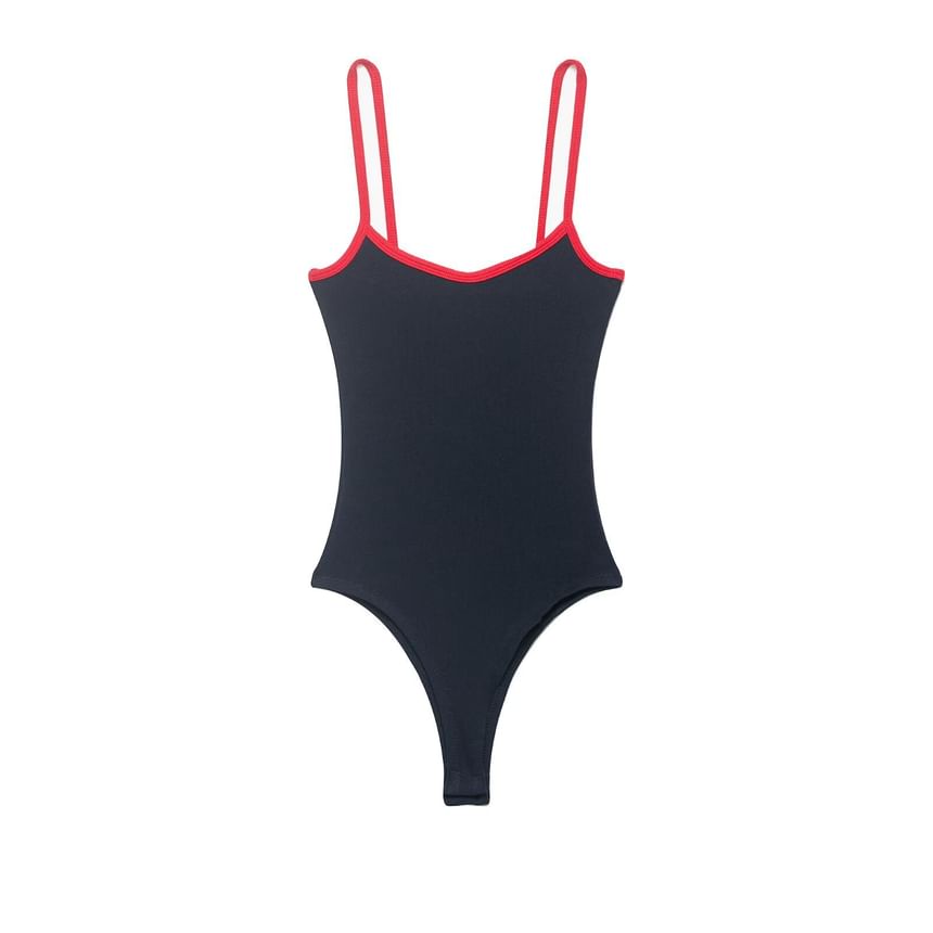 V-Neck Contrast Trim Bodysuit with Spaghetti Straps