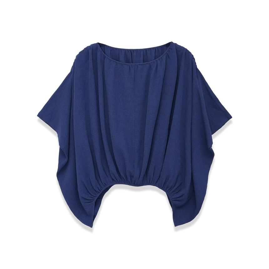 Elbow-Length Sleeve Ruched Round Neck Blouse