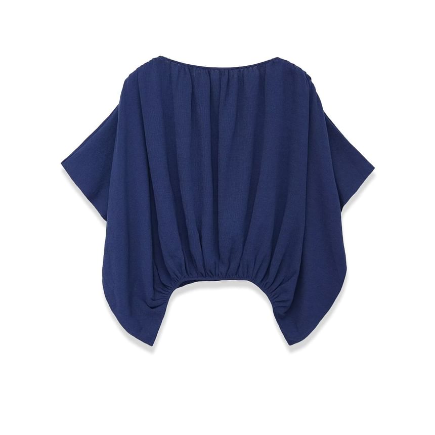 Elbow-Length Sleeve Ruched Round Neck Blouse