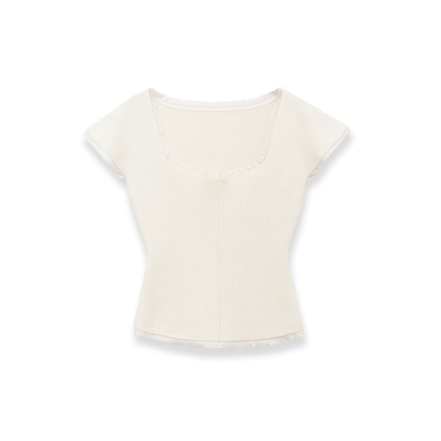Short Sleeve Square Neck Distressed Trim Knit Top