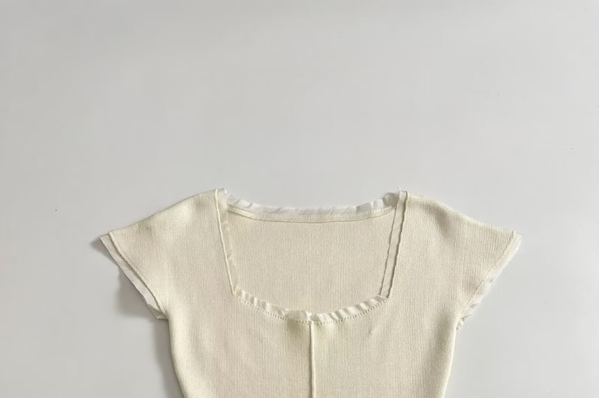 Short Sleeve Square Neck Distressed Trim Knit Top