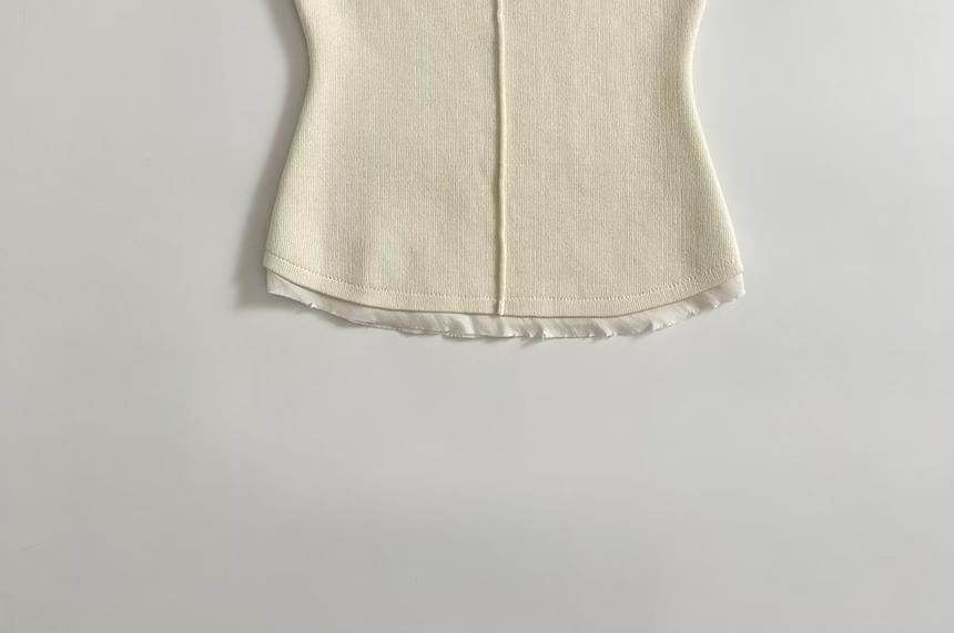 Short Sleeve Square Neck Distressed Trim Knit Top