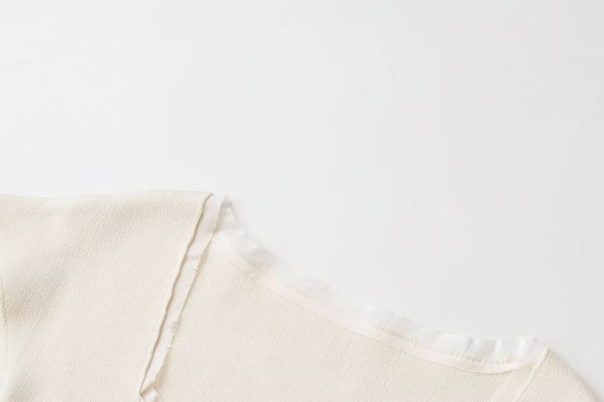 Short Sleeve Square Neck Distressed Trim Knit Top