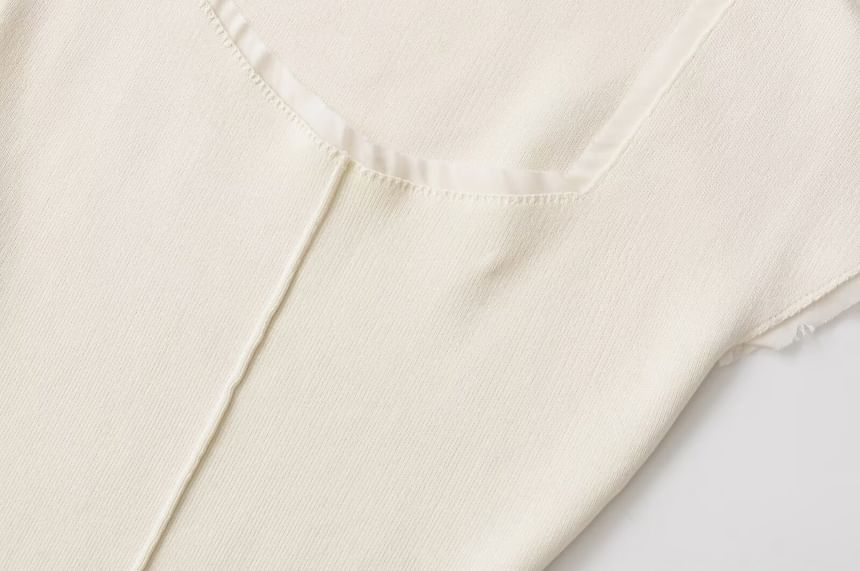 Short Sleeve Square Neck Distressed Trim Knit Top