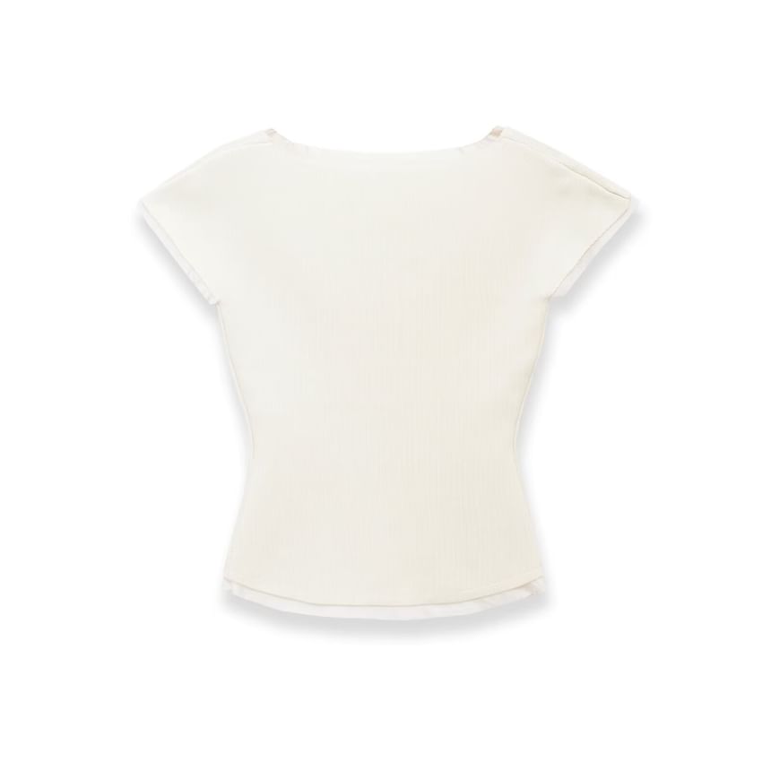 Short Sleeve Square Neck Distressed Trim Knit Top