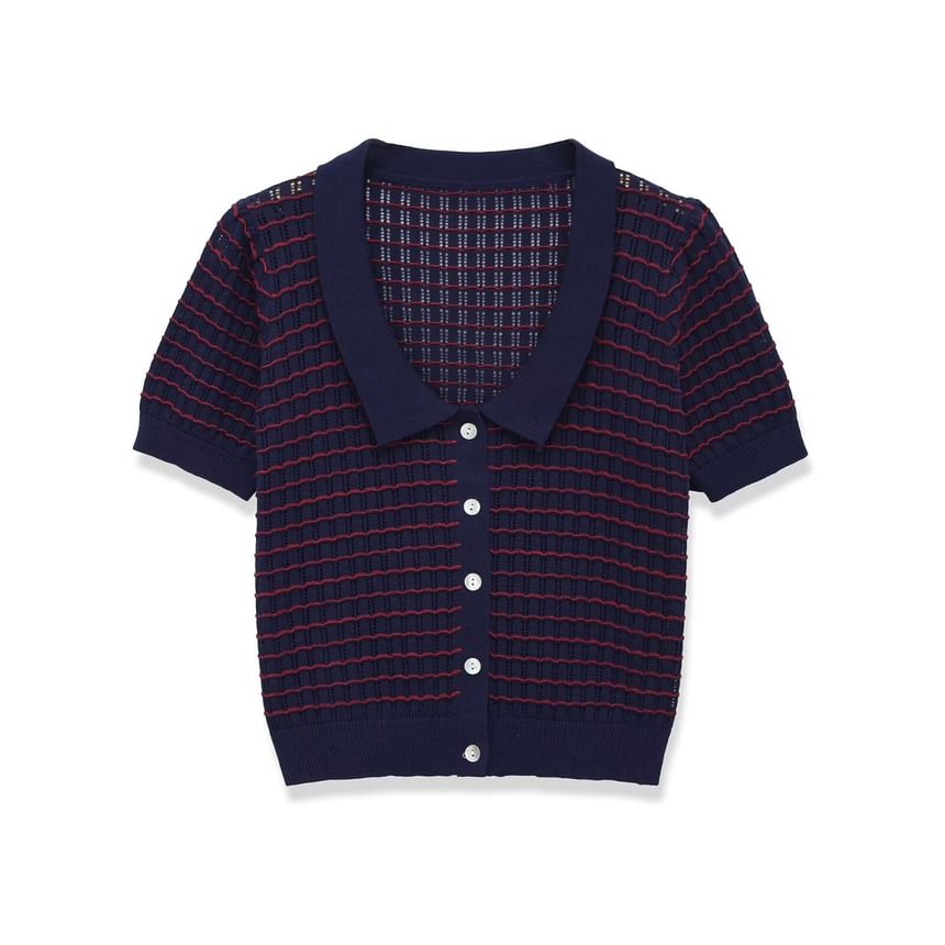 Striped Button-Up V-Neck Knit Top with Short Sleeves