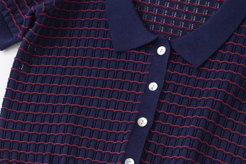 Striped Button-Up V-Neck Knit Top with Short Sleeves