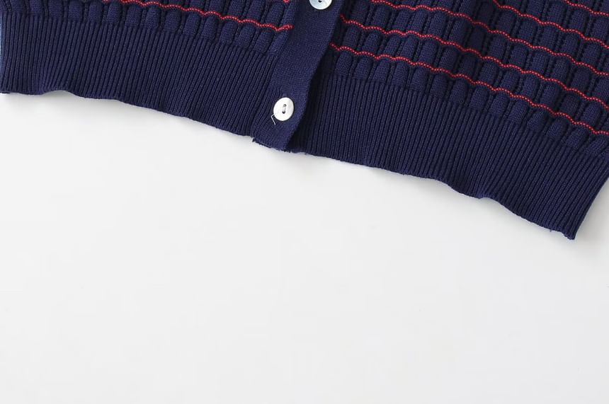 Striped Button-Up V-Neck Knit Top with Short Sleeves