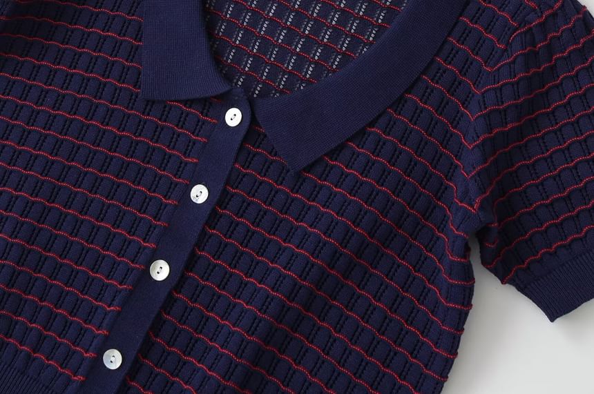 Striped Button-Up V-Neck Knit Top with Short Sleeves