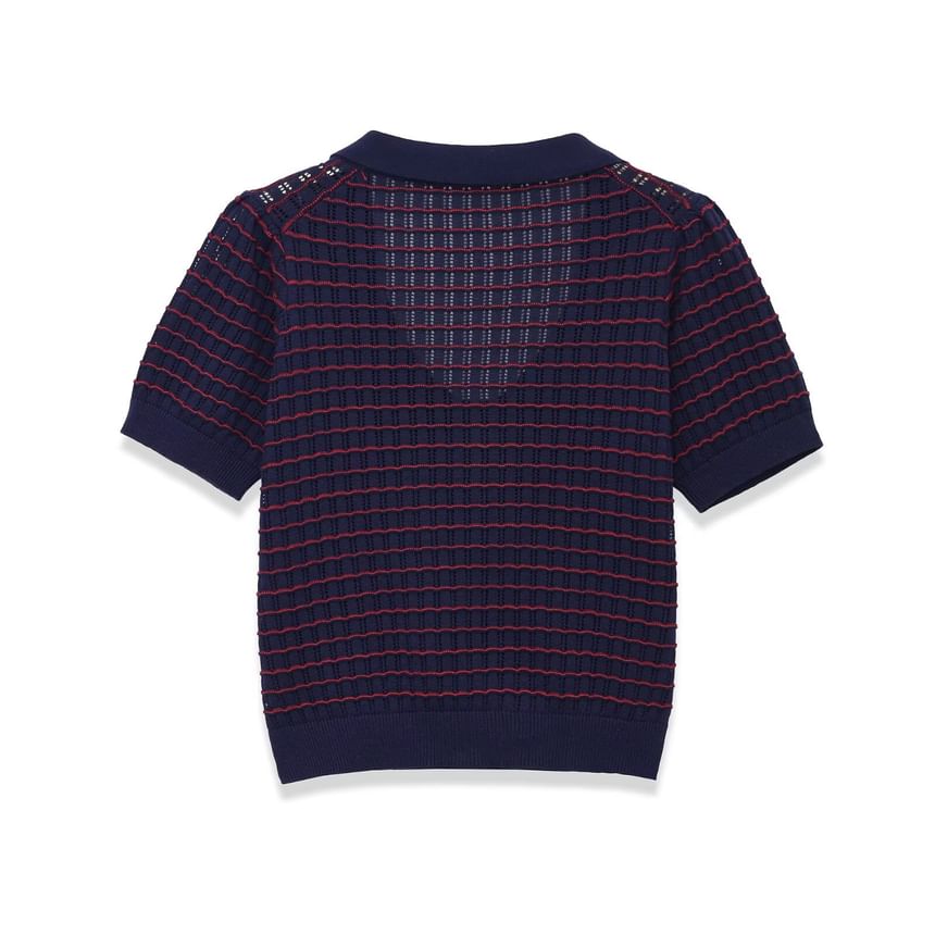 Striped Button-Up V-Neck Knit Top with Short Sleeves