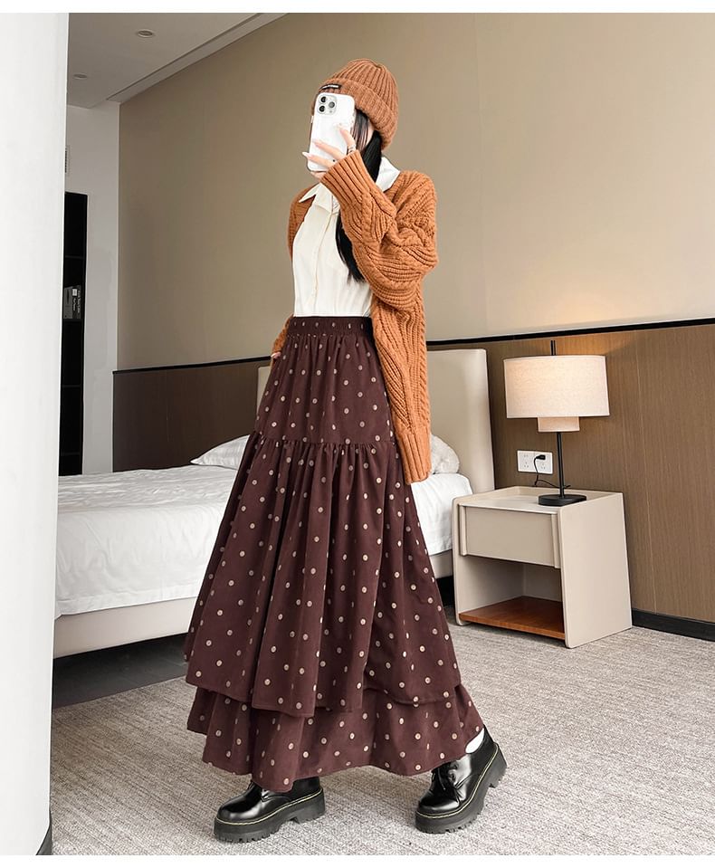 High Waist Polka Dot Maxi A-Line Tiered Skirt