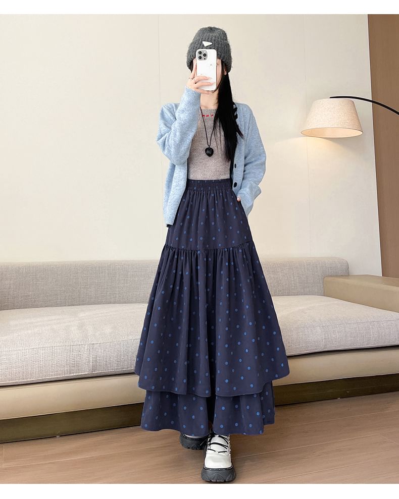 High Waist Polka Dot Maxi A-Line Tiered Skirt