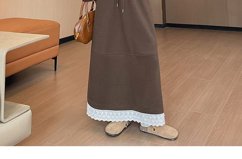 Drawstring Waist Lace Trim Maxi A-Line Skirt
