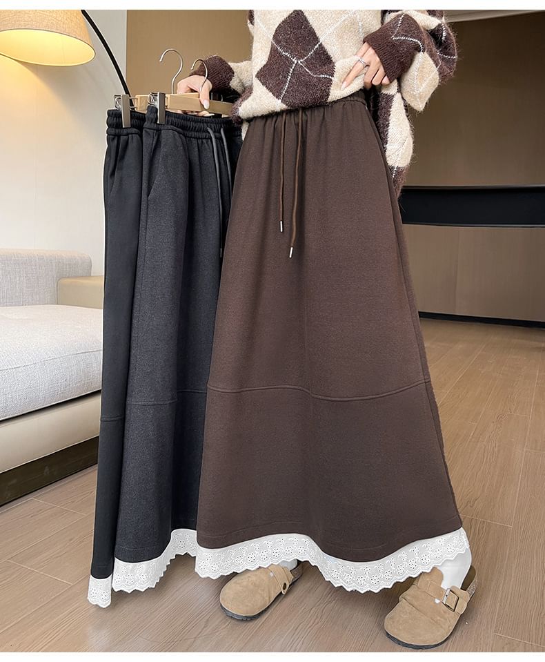 Drawstring Waist Lace Trim Maxi A-Line Skirt
