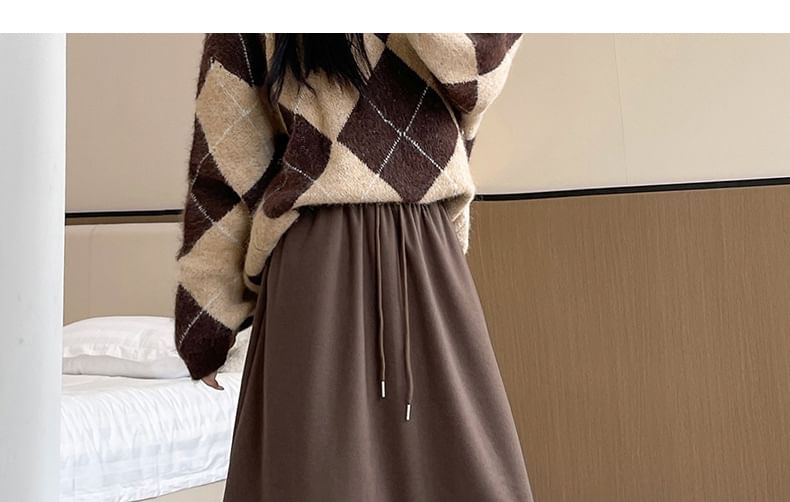 Drawstring Waist Lace Trim Maxi A-Line Skirt
