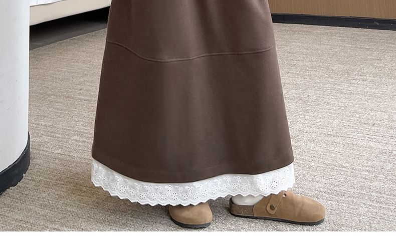 Drawstring Waist Lace Trim Maxi A-Line Skirt