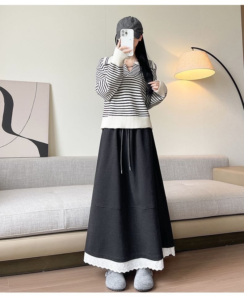 Drawstring Waist Lace Trim Maxi A-Line Skirt