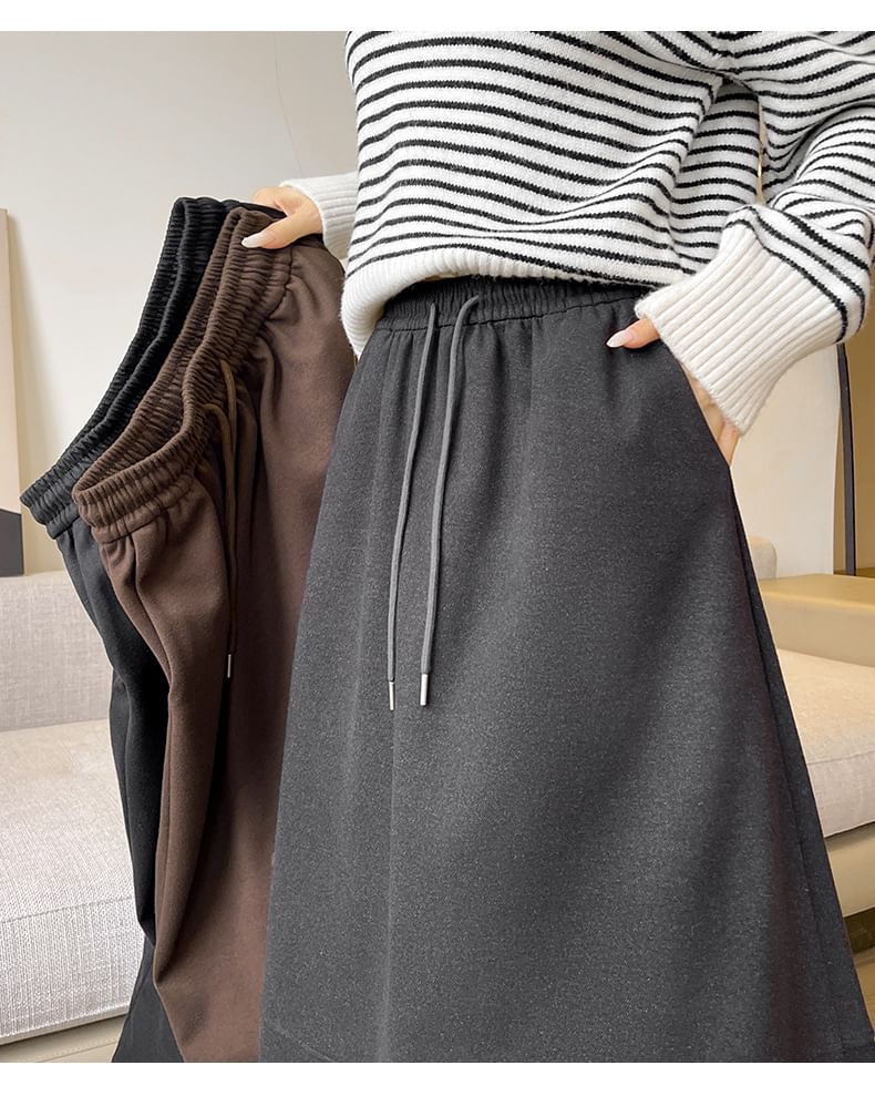 Drawstring Waist Lace Trim Maxi A-Line Skirt