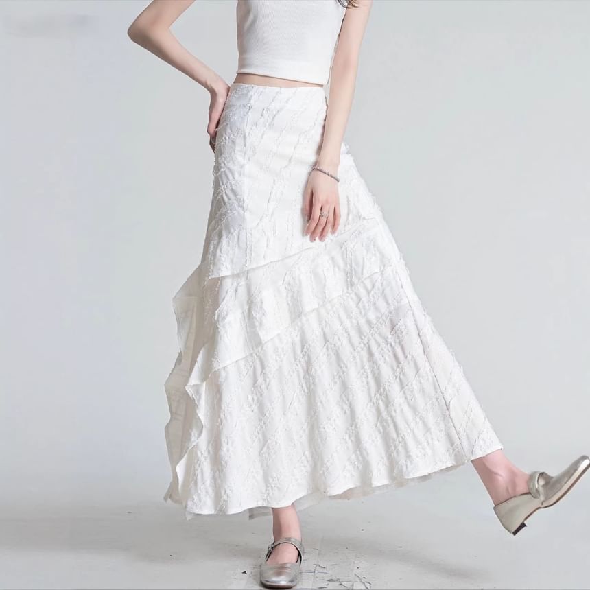High Waist Asymmetrical Plain Maxi A-Line Skirt