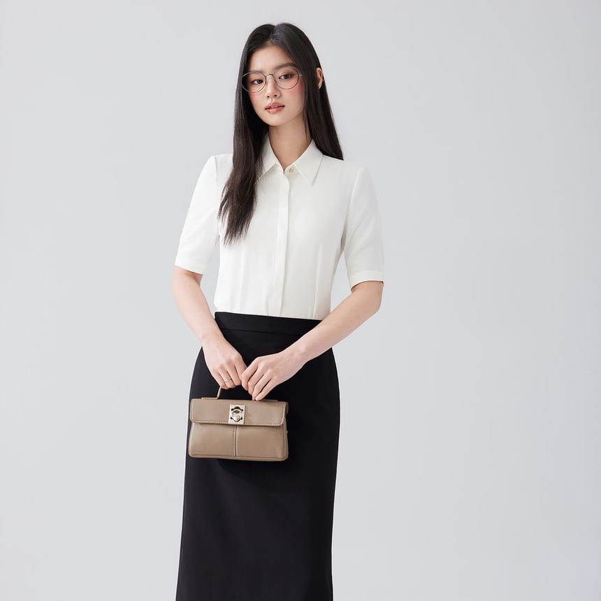 Short-Sleeve Plain Shirt / High Waist Midi Pencil Skirt / Set