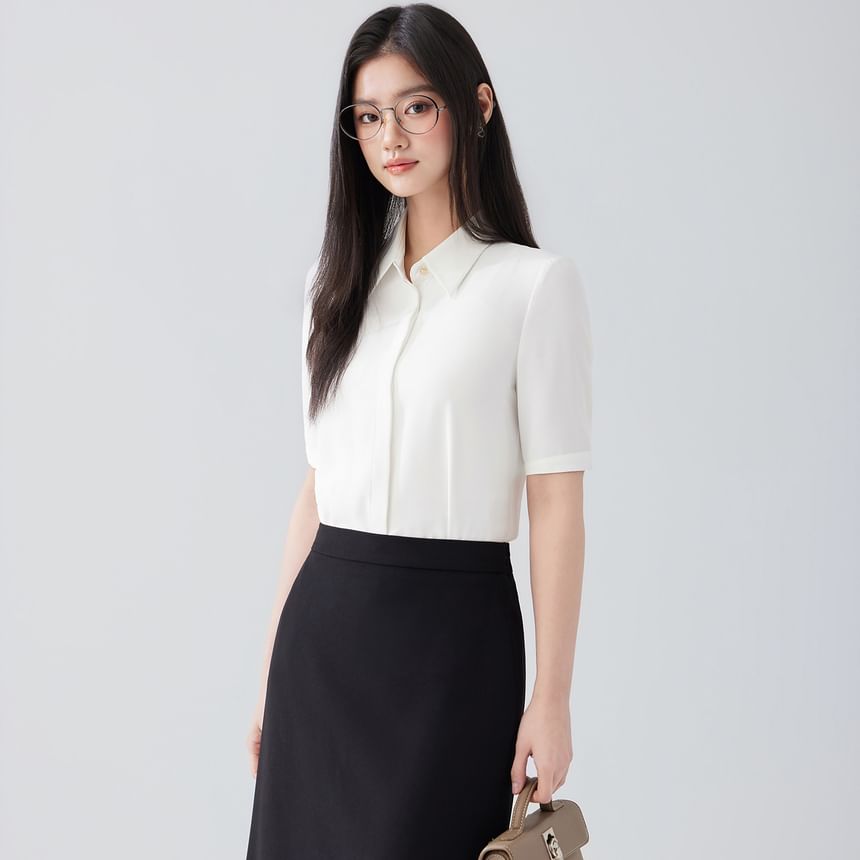 Short-Sleeve Plain Shirt / High Waist Midi Pencil Skirt / Set