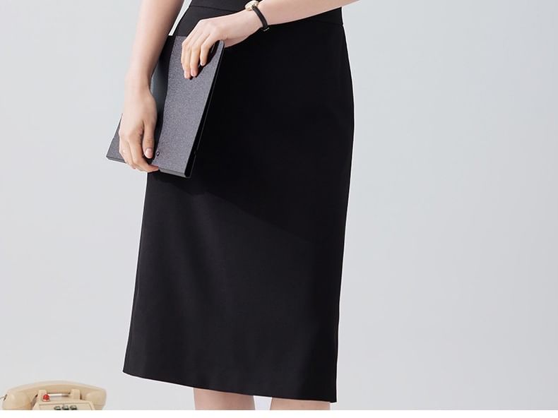 Short-Sleeve Plain Shirt / High Waist Midi Pencil Skirt / Set