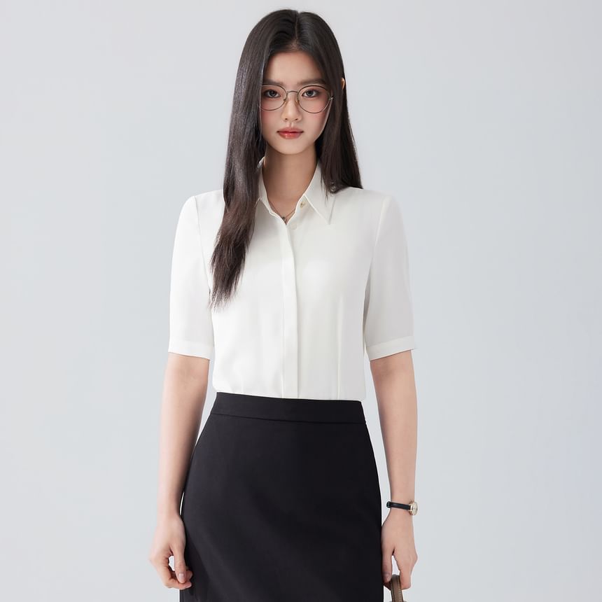 Short-Sleeve Plain Shirt / High Waist Midi Pencil Skirt / Set