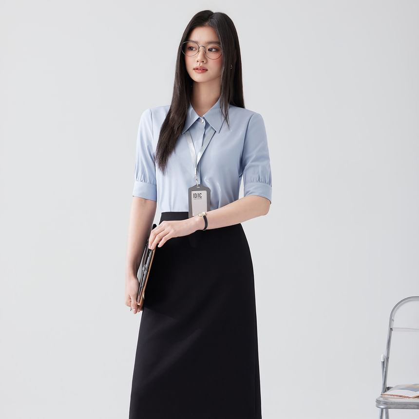 Short-Sleeve Plain Shirt / High Waist Midi A-Line Skirt / Set