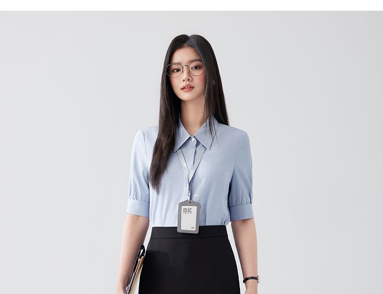 Short-Sleeve Plain Shirt / High Waist Midi A-Line Skirt / Set