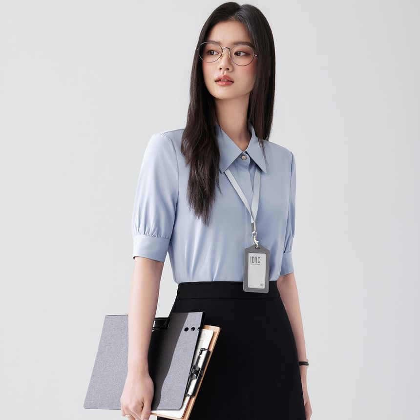 Short-Sleeve Plain Shirt / High Waist Midi A-Line Skirt / Set