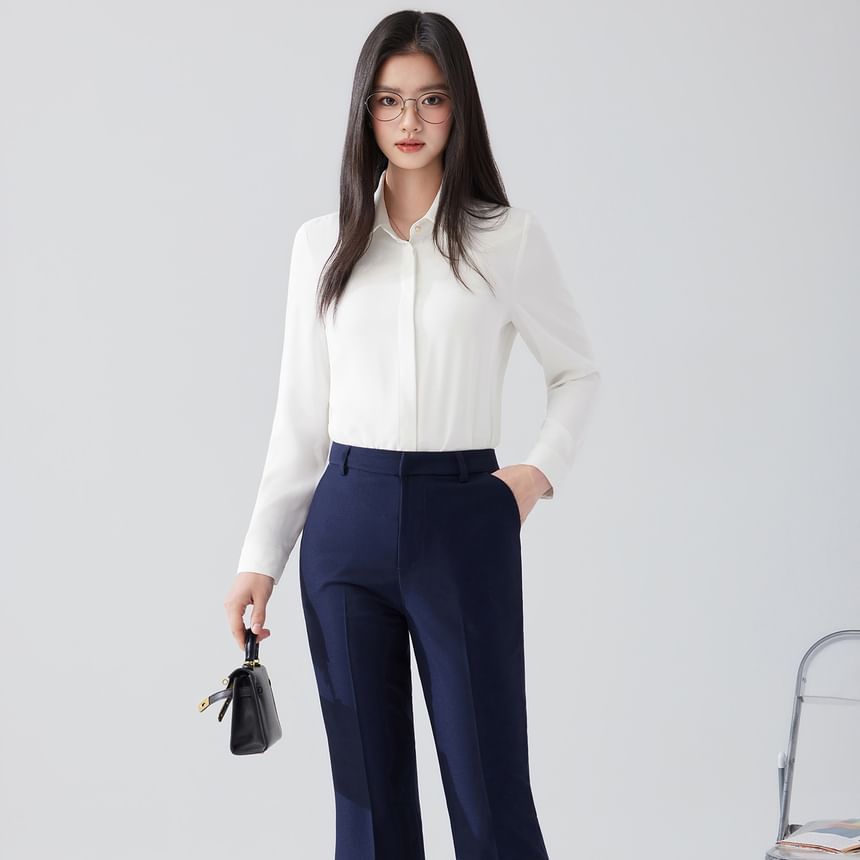 Long Sleeve Shirt and Flared Dress Pants Set for Women