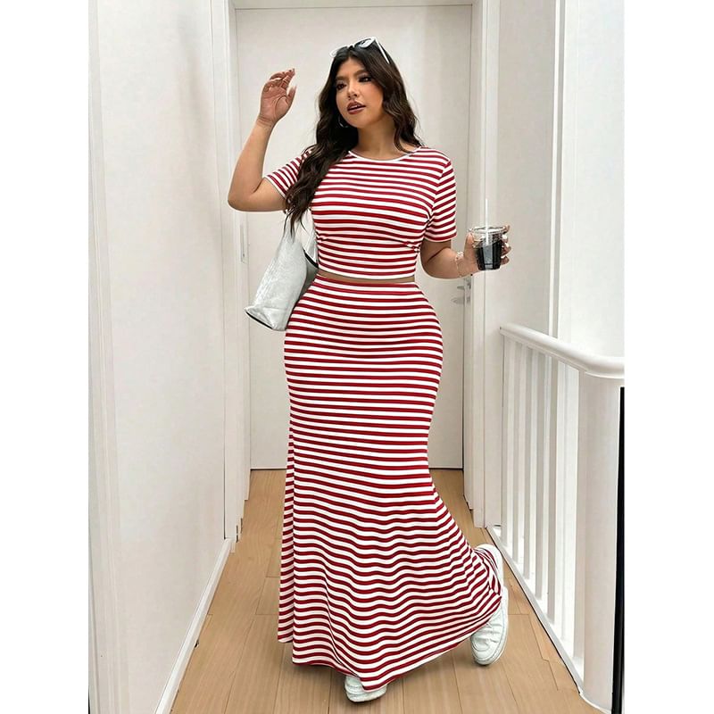 Set: Short-Sleeve Crew Neck Striped Slim Fit Crop T-Shirt + High Waist Maxi Mermaid Skirt [XL-4XL]