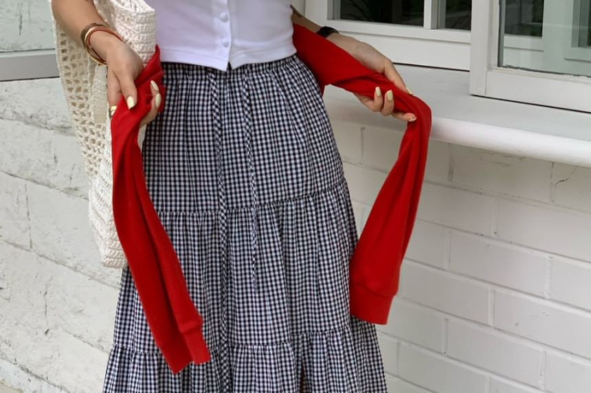 Drawstring Waist Plain Frill Trim Slit Maxi A-Line Skirt