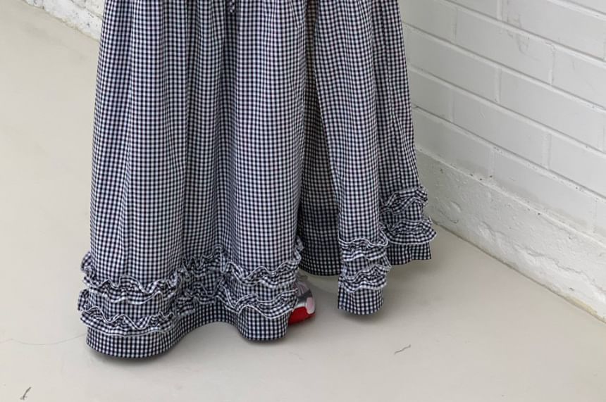 Drawstring Waist Plain Frill Trim Slit Maxi A-Line Skirt