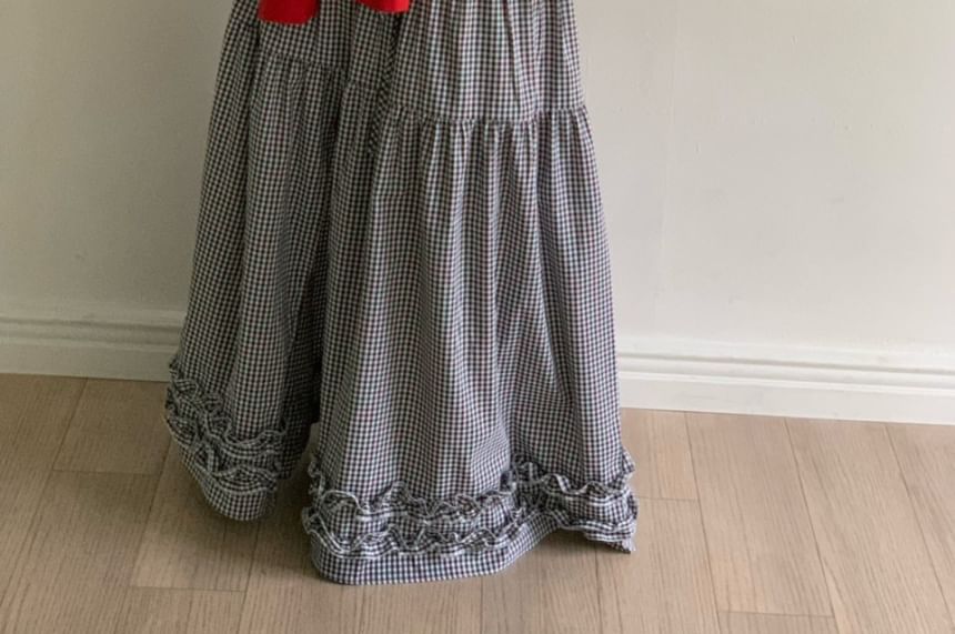 Drawstring Waist Plain Frill Trim Slit Maxi A-Line Skirt