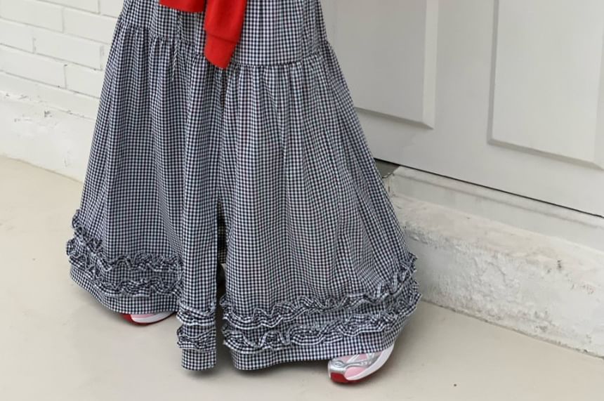 Drawstring Waist Plain Frill Trim Slit Maxi A-Line Skirt