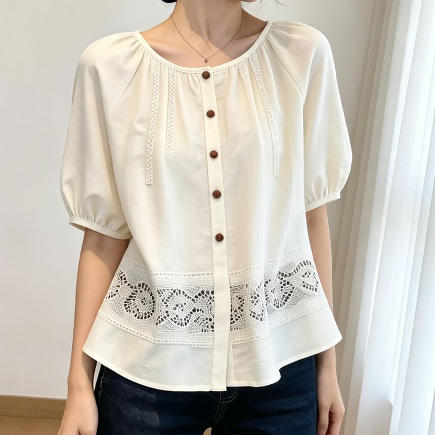 Short-Sleeve Crew Neck Lace Panel Button-Up Blouse