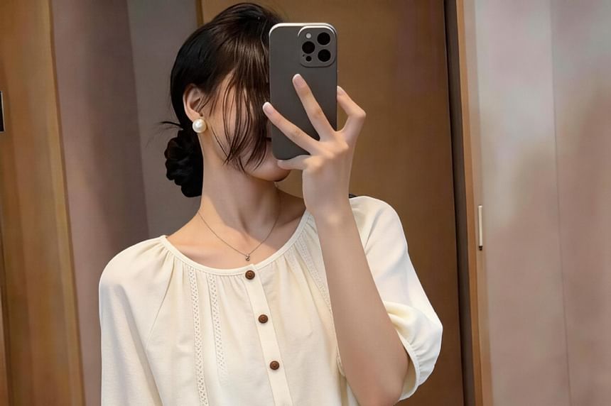 Short-Sleeve Crew Neck Lace Panel Button-Up Blouse