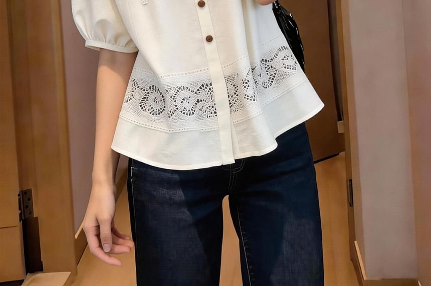 Short-Sleeve Crew Neck Lace Panel Button-Up Blouse