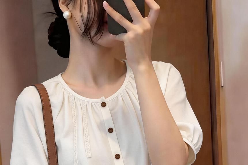 Short-Sleeve Crew Neck Lace Panel Button-Up Blouse
