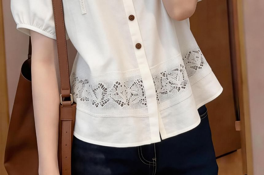Short-Sleeve Crew Neck Lace Panel Button-Up Blouse