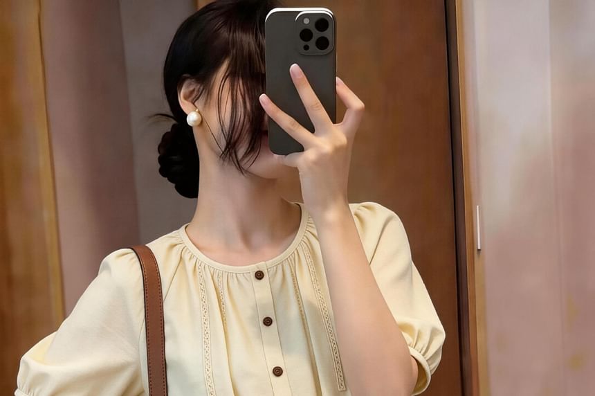 Short-Sleeve Crew Neck Lace Panel Button-Up Blouse