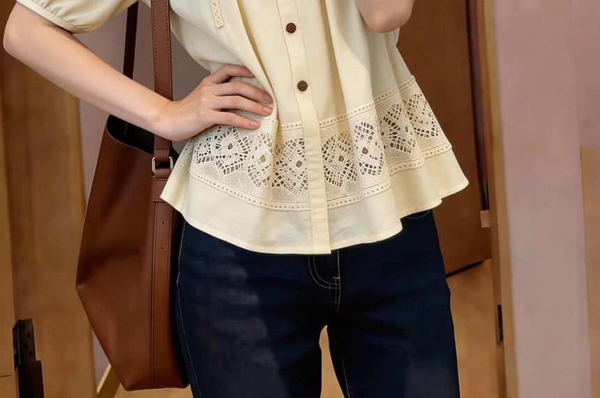 Short-Sleeve Crew Neck Lace Panel Button-Up Blouse