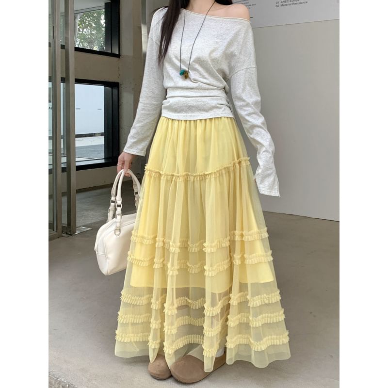 High Waist Plain Frill Trim Mesh Maxi A-Line Skirt